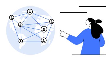 Bir kişi birbirine bağlı düğümlerle küresel bağlantıyı ya da sosyal ağları gösteren bir küreyi işaret eder. Teknoloji, iletişim, küreselleşme, ağ oluşturma, takım çalışması için ideal. Modern ve minimal