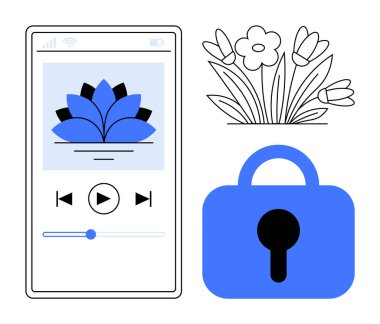 Mavi nilüfer ikonlu, kilit resimli ve çiçek desenli bir müzik çalar gösteren akıllı telefon ekranı. Dijital güvenlik, teknoloji, doğa, uygulamalar ve modern tasarım temaları için ideal