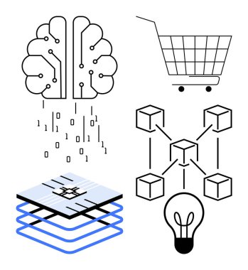 Four elements on white background. AI brain with binary code, shopping cart, blockchain network, and light bulb with circuit layers. Ideal for tech, AI, blockchain, ecommerce, and innovation themes clipart