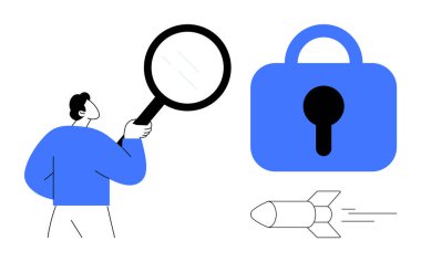 Elinde büyüteç tutan biri büyük mavi bir kilidi ve küçük bir roketi inceler. Siber güvenlik, veri koruması, araştırma, güvenlik ve teknolojik gelişmeler için ideal. Basit resimli vektör