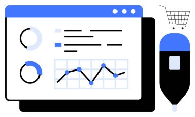 Bilgisayar ekranında bir alışveriş arabası ve yanında bir damlatıcıyla grafikler ve çizelgeler var. Veri analizi, çevrimiçi alışveriş, mali raporlar, pazar analizi ve iş anlayışları için ideal