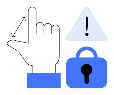 El hareketlerini gösteren beyaz bir arka plan ünlem işaretli bir uyarı üçgeni ve asma kilit. Kullanıcı arayüzü tasarımı, güvenlik uygulamaları, uyarı uyarıları ve biyometrik için ideal