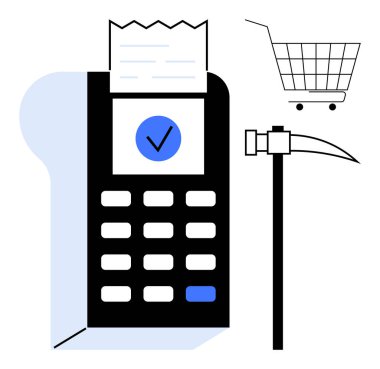 Faturalı POS terminali, işaretli, alışveriş arabası ve kazmalı. Dijital ödemeler, e-ticaret, işlem güvenliği, online alışveriş ve perakende teknolojisi için ideal. Temiz vektör biçimi