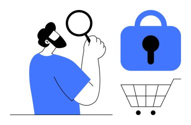 Bir adam elinde büyüteç, büyük bir asma kilidi ve alışveriş arabasını inceliyor. Ekommerce, siber güvenlik, çevrimiçi alışveriş, mahremiyet ve dijital güvenlik teması için ideal. Siyah ile düz vektör biçimi