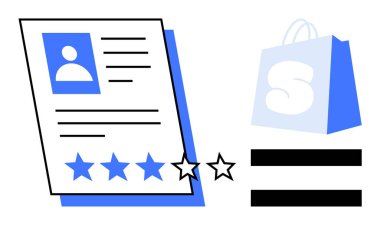 Customer profile with a three-star rating shown alongside a shopping bag icon. Ideal for online reviews, ecommerce, user feedback, customer satisfaction, and digital marketing. Clean vector clipart