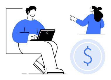 İki birey, biri dizüstü bilgisayarlı, biri el kol hareketli, iş görüşmelerini ve takım çalışmasını simgeliyor. Yakınlarda bir para sembolü var. Finansal planlamayı vurguluyor. İş stratejisi için ideal