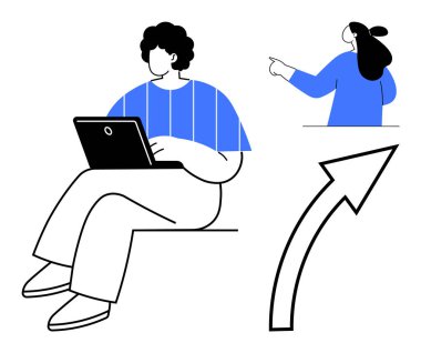 Bir kişi dizüstü bilgisayarla otururken, diğeri yukarıya bakıyor. Yukarı ok ilerlemeyi ya da yönü simgeler. Takım çalışması, üretkenlik, iletişim, büyüme ve uzak çalışma temaları için idealdir. Düz