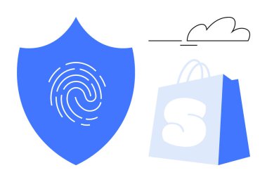 Üzerinde S harfi ve bulut olan mavi bir rozet. Güvenlik için ideal, online alışveriş, güvenlik, siber koruma, e-ticaret. Basit çizgiler, düz renkler, modern minimalist