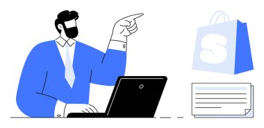Dizüstü bilgisayarda çalışırken mavi takım elbiseli bir adam işaret ediyor. Alışveriş ikonu ve bilgi kağıtları yakınlarda yüzüyor. İş sunumları, e-ticaret, çevrimiçi alışveriş, teknoloji ve iletişim için ideal