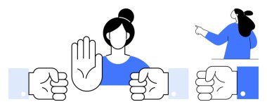 Topuzlu bir kadın, her iki tarafında yumruklar ve arka planda bir işaret figürü olan dur jesti ile elini kaldırır. Sınır belirleme, özgüven, direniş, çatışma gibi konular için ideal