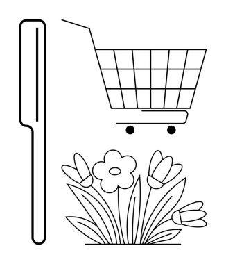 Tarak, alışveriş arabası ve çiçek kümesi minimalist tarzda. Alışveriş, güzellik, doğa, minimalizm ve çevre dostu temalar için idealdir. Siyah ve beyaz çizgiler. Basit ama çok yönlü kompozisyon için