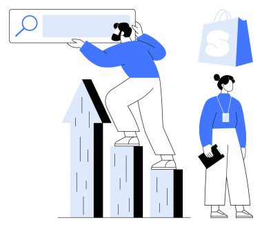 Mavi elbiseli iki karakter iş büyümesine odaklanıyor. Biri arama çubuğu tutan bir çubuk grafiğe tırmanırken, diğeri bir pano tutuyor. İş büyümesi, arama optimizasyonu ve e-ticaret için ideal