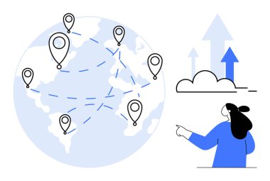Kıtaya dağılmış konum işaretleri olan küresel bir ağ haritası yukarı doğru ok içeren bulutları işaret ediyor. Küresel bağlantı bulutlarının teknolojik büyüme dijital hesaplaması için ideal
