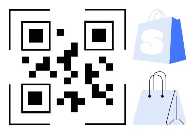 QR kodu merkezde. Sağa iki poşet. Dijital ödemeler, online alışveriş, e-ticaret, perakende pazarlama ve mobil ticaret için ideal. Minimalist vektör biçimi