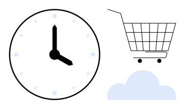 Siyah elleri ve noktaları olan bir saat, tekerlekleri üzerinde boş bir alışveriş arabası ve mavi bir bulut. Zaman yönetimi için ideal, çevrimiçi alışveriş, bulut depolama, üretkenlik araçları, asgari tasarım