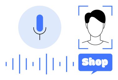 Mikrofon sembolü ses tanıma özelliğini gösteriyor. Yüzsüz bir kullanıcı profili kişiselleştirilmiş hizmetleri önerir. Bir dalga biçimi sesi görselleştirir. Dükkanlı bir konuşma balonu online alışveriş anlamına gelir. İdeal