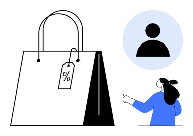 İndirim etiketli bir alışveriş çantası, arka planda mavi bir çemberde bir kullanıcı simgesi ve işaret eden biri. Ecommerce, satış promosyonu, kullanıcı deneyimi, çevrimiçi perakende, müşteri ilişkileri için ideal