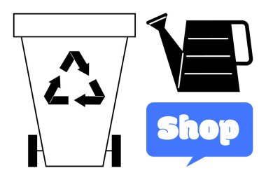 Geri dönüşüm sembolü olan geri dönüşüm kutusu, sulama kutusu ve diyalog kutusunda satılan metin. Geri dönüşüm, çevre dostu alışveriş, bahçıvanlık, sürdürülebilirlik, atık yönetimi için ideal. Minimalist tasarım