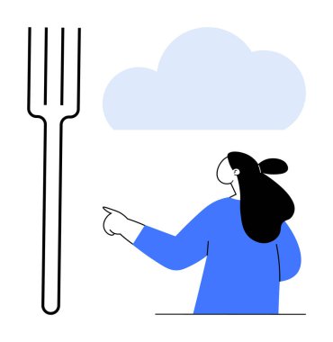Mavi gömlekli biri bulutun altındaki çatalı işaret ediyor. Yemek seçimi, sağlıklı beslenme, karar verme, farkındalık ve basitlik kavramları için idealdir. Temiz çizgileri olan minimalist biçim