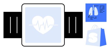 Smartwatch with heart monitor display in the center. Lung diagram and blue shopping bag with S icon are visible on the right. Ideal for fitness tracking, health monitoring, medical care, e-commerce clipart