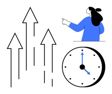 Yukarı çıkan oklar büyümeyi ve zaman yönetimini sembolize eden saati simgeliyor. Bir kadın figürüyle. Üretkenlik, zaman yönetimi, kariyer büyümesi, iş başarısı, kişisel