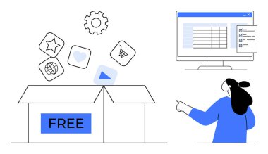 İçinde yıldız, kalp, alışveriş arabası ve web küresi gibi yüzen ikonlar olan açık bir kutu. Yazılım arayüzü gösteren bir bilgisayar ekranını gösteren bir kişi. Özgür yazılım ve kullanıcı için ideal