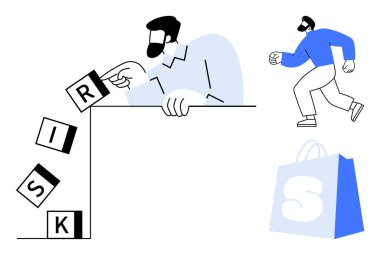 Düşen blokları yakalayan mavi elbiseli bir adam arka planda bir alışveriş çantası ve koşan bir adamla bir çıkıntının tepesinden RISK 'i heceliyor. İş, finans, risk yönetimi ve yatırım için ideal