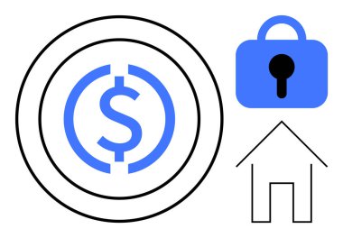 Bir dolar işareti, bir kilit ve basit bir ev çizgisi olan siyah ve mavi daire. Finansal güvenlik, ev koruması, emlak yatırımı, tasarruf ve kişisel finans için ideal. Minimalist stil