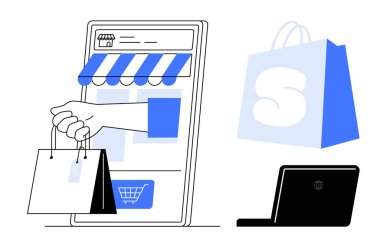Akıllı telefondan çıkan bir el alışveriş çantalarını taşırken, bir dizüstü bilgisayar ve alışveriş poşeti ikonu da yakınlarda görünüyor. E-ticaret, çevrimiçi alışveriş, dijital perakende, internet pazarlama, teknoloji için ideal