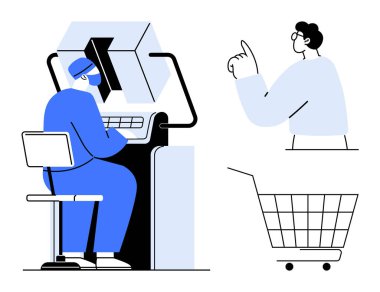 Bir adam bilgisayar terminalinde çalışırken diğer bir figür sağı gösteriyor ve bir alışveriş arabası gösteriliyor. Teknoloji, ofis işi, alışveriş, e-ticaret, veri girişi için ideal. Basit, grafik