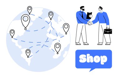 İki iş adamı, konum belirteçleri ve kesik çizgilerle bir kürenin yanında el sıkışıyor. Küresel iş, ortaklık, lojistik, e-ticaret, piyasa genişlemesi için ideal. Temiz ve modern biçim vektörü