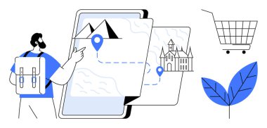 Sırt çantalı bir gezgin, içinde dağ ve kale bulunan dijital bir haritayı kontrol eder. Alışveriş arabası ve yaprak sembolü de dahil. Seyahat, teknoloji, doğa, alışveriş ve keşif temaları için ideal