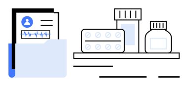 Tıbbi kayıtları ve belgeleri olan bir klasör. Yanında ilaç şişeleri ve raflarda su toplayan paketler. Tıbbi kayıt organizasyonu, sağlık hizmetleri, hasta bakımı, eczane yönetimi için ideal