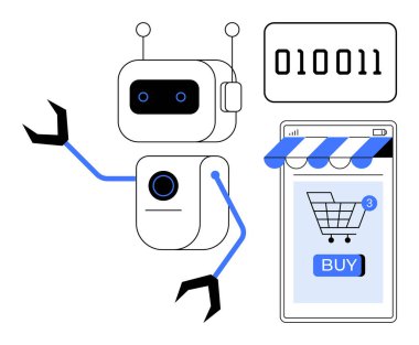Dost canlısı bir robot dijital mağaza arayüzünün yanında duruyor ve pençeli kollarını kaldırıyor. Yakınlarda, ikili kod beyaz bir arkaplanda gösterilir. E-ticaret, otomasyon, yapay zeka, dijital alışveriş için ideal.