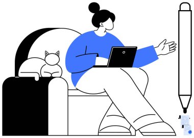 Dizüstü bilgisayarı olan bir adam bir kedinin yanındaki koltukta oturuyor ve bir şeyi tartışıyor gibi görünüyor. Evden çalışmak için ideal, teknoloji, rahatlık, uzak çalışma ve üretkenlik temaları. Basit minimalist stil