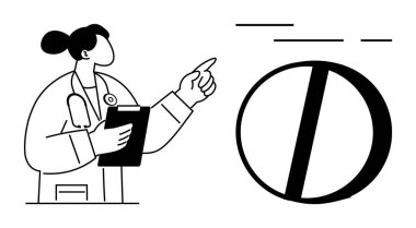 Elinde bir dosya tutan kadın doktor büyük bir hap grafiğini işaret ediyor. Sağlık, tıp eğitimi, ilaç, hasta bakımı, sağlık programları için idealdir. Tek renkli vektör biçimi