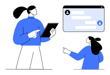 İki insan dijital aletlerle etkileşime girer. Biri tablet kullanırken, diğeri sohbet penceresini işaret ediyor. Teknoloji, iletişim, uzaktan çalışma, dijital öğrenme ve çevrimiçi işbirliği için ideal. Düz