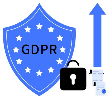 Mavi kalkanda 12 yıldız, siyah kilit sembolü, belge ve yukarı doğru ok ile GDPR etiketi var. Veri koruması, güvenlik, uyum, gizlilik politikası, çevrimiçi güvenlik için ideal. Minimalist dijital tasarım