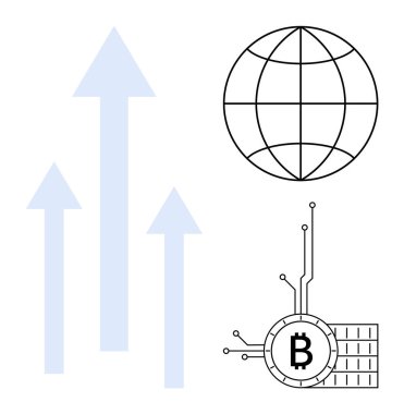 Yukarı bakan mavi oklar, bir dünya simgesi ve bir Bitcoin sembolü kripto para, küresel finans, teknolojik gelişim ve büyüme temalarını vurguluyor. Teknoloji ve finans için ideal