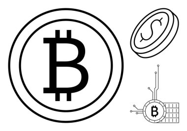 Siyah ve beyaz Bitcoin ve devre kartı tasarımlı dolar para sembolleri. Fintech, kripto para birimi, dijital ekonomi, yatırımlar ve engelleme konseptleri için ideal. Basit satır sanatı tarzı