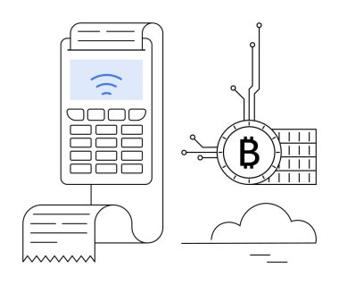 Faturalı bir ödeme terminali ve dijital bağlantıları olan bir Bitcoin sembolü. Dijital ödeme, kripto para, finansal teknoloji, e-ticaret ve yenilikçi işlemler için ideal. Temiz