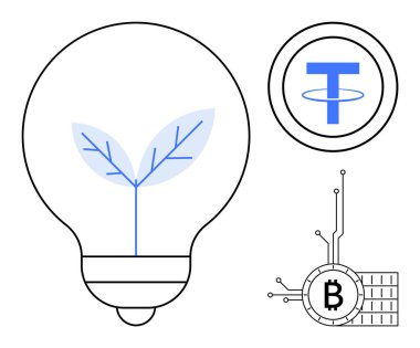 Yaprak sembollü ampul, kripto para ikonu ve devre bağlantıları olan Bitcoin sembolü temiz bir tasarımla sunuldu. Sürdürülebilirlik, kripto para birimi, finans, yenilik için ideal