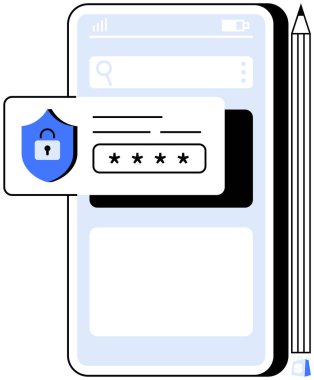 Güvenlik kalkanı ve şifre girişi olan bir telefon ekranı. Siber güvenlik, mobil uygulama tasarımı, veri koruması, kullanıcı doğrulaması ve dijital güvenlik için ideal. Temiz modern biçim
