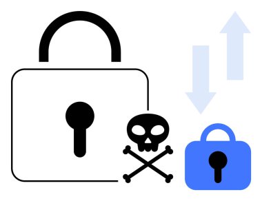 Kafatası, çapraz kemikler, daha küçük kilit ve aşağı yukarı oklar yanında anahtar deliği olan büyük bir kilit. Çevrimiçi güvenlik, veri koruması, siber tehditler, gizlilik uyarıları ve dijital güvenlik için ideal. Basit.