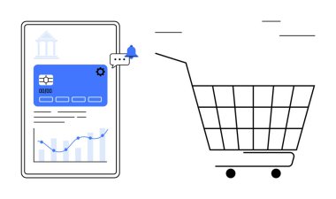 Alış veriş arabasının yanında veri grafikleriyle ödeme metodunu gösteren akıllı telefon. Çevrimiçi alışveriş, mobil ödemeler, e-ticaret, finans teknolojisi ve veri analizi için ideal. Modern düz stil