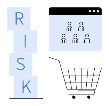 Yığılmış bloklar RISK, birden fazla kullanıcının simgesi ve alışveriş arabası taslağı. E-ticaret, risk değerlendirmesi, tüketici davranışı, siber güvenlik, dijital pazarlama için ideal. Modern, minimalist, temiz