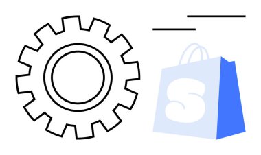 A gear and a shopping bag symbolize the integration of technology and retail, promoting e-commerce efficiency. Ideal for online retail, business, tech services, shopping apps, and digital marketing clipart