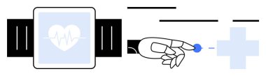 Smartwatch with a heart rate monitor and robotic hand pointing to a medical cross. Ideal for health technology, medical innovation, robot-assisted care, patient monitoring, wearable devices. Simple clipart