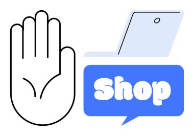 Açık bir dizüstü bilgisayar ve dükkan tabelasının yanında bir el sembolü. Çevrimiçi alışveriş, siber güvenlik, ekommerce, internet güvenliği, dijital işlemler için ideal. Basit, modern, temiz bir tarz.