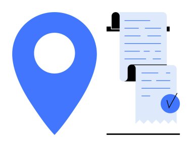 Mavi işaretli iki parşömen makbuzunun yanında büyük mavi lokasyon sembolü. Konum takibi, ticari işlemler, satış noktası, fatura ve ödeme işlemleriyle ilgili konular için ideal. Düz